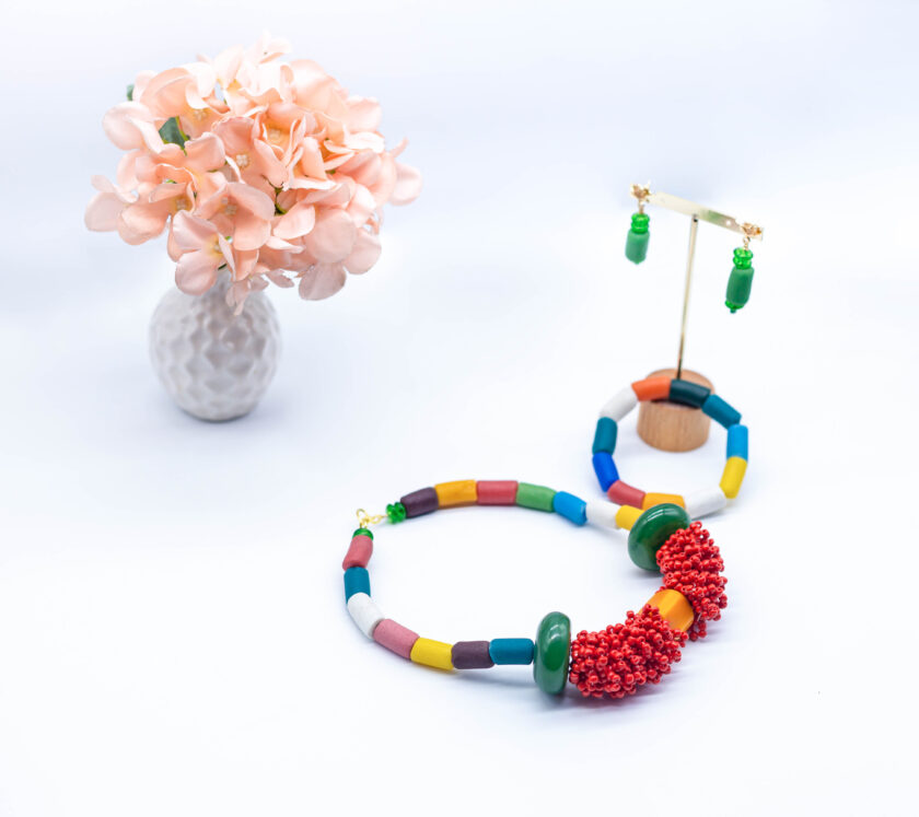 Issa Rainbow and Bright Red Beaded Necklace Set