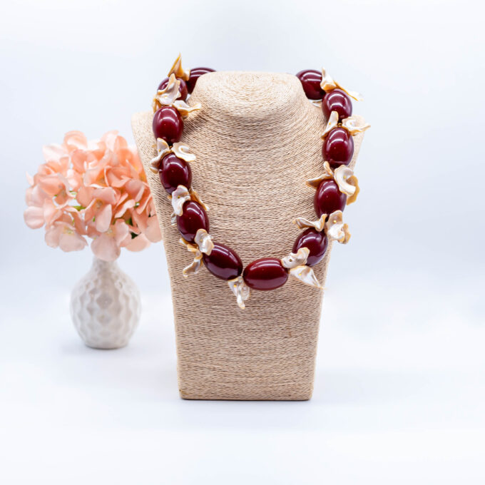 Aga Bold Dark Red Beaded and Sea Shell Statement Necklace