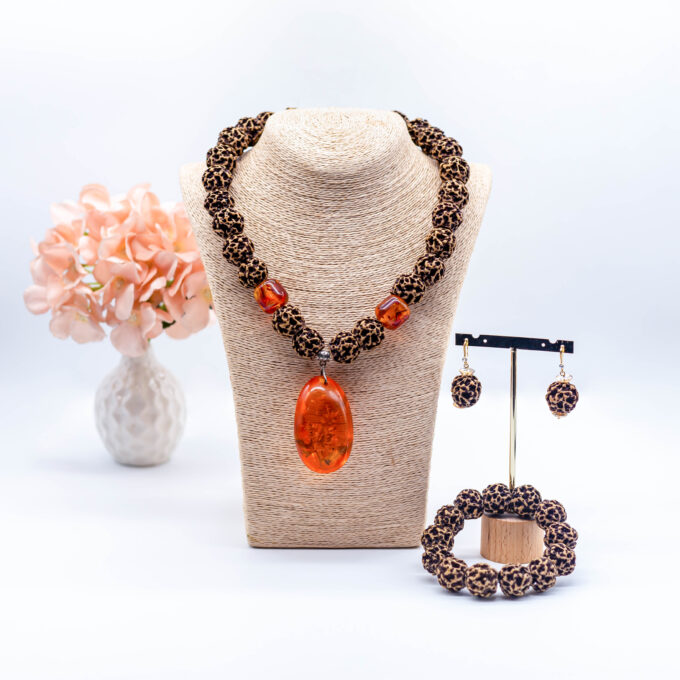 Brown Coral Stone and Orange Glass Stone Necklace Set