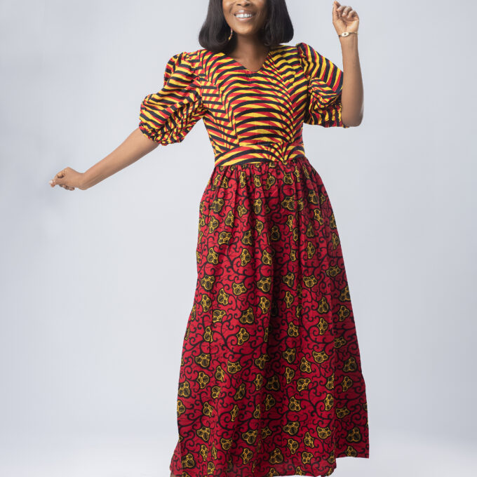 Vibrant Rose Round Neck A-line Abstract Ankara Print Dress