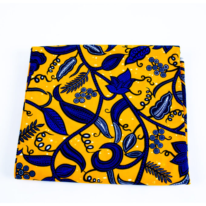 Authentic African Ankara Mustard & Blue Floral Fabric