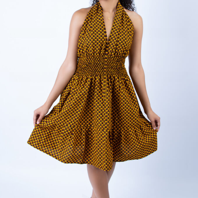 Beautiful Mustard Ankara Halter Neck Playful Swing Dress