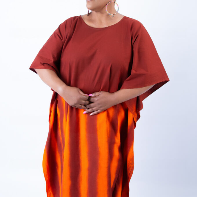 Vibrant Orange and Red Kaftan with Matching Head Wrap Set