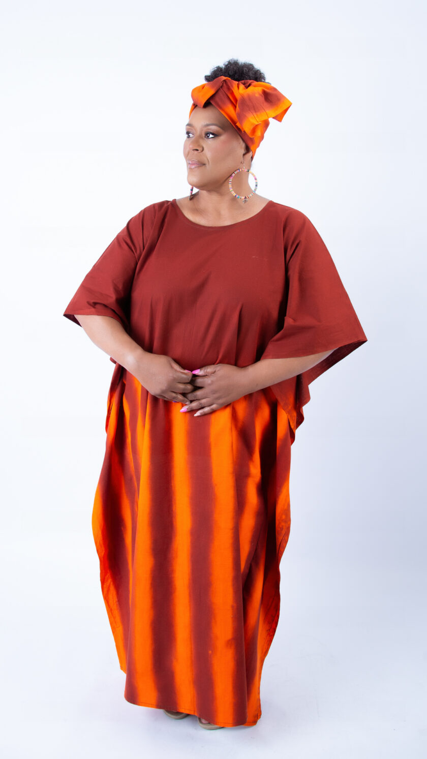 Vibrant Orange and Red Kaftan with Matching Head Wrap Set