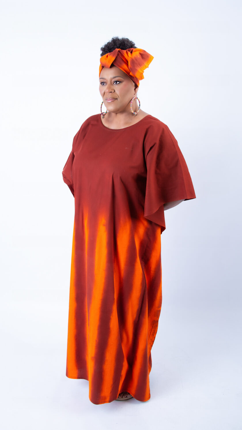 Vibrant Orange and Red Kaftan with Matching Head Wrap Set