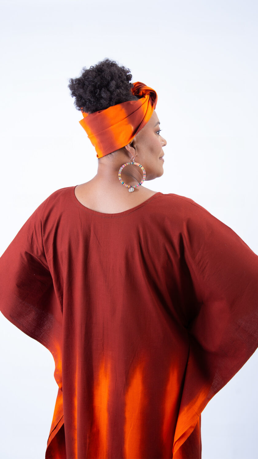 Vibrant Orange and Red Kaftan with Matching Head Wrap Set