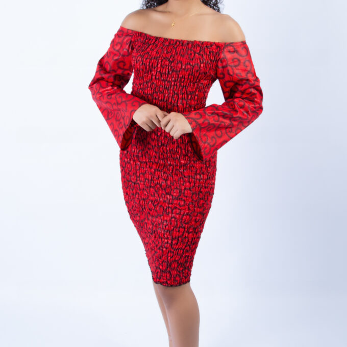 Beautiful Dalmar Red Ankara Wide Sleeve Body-con Dress