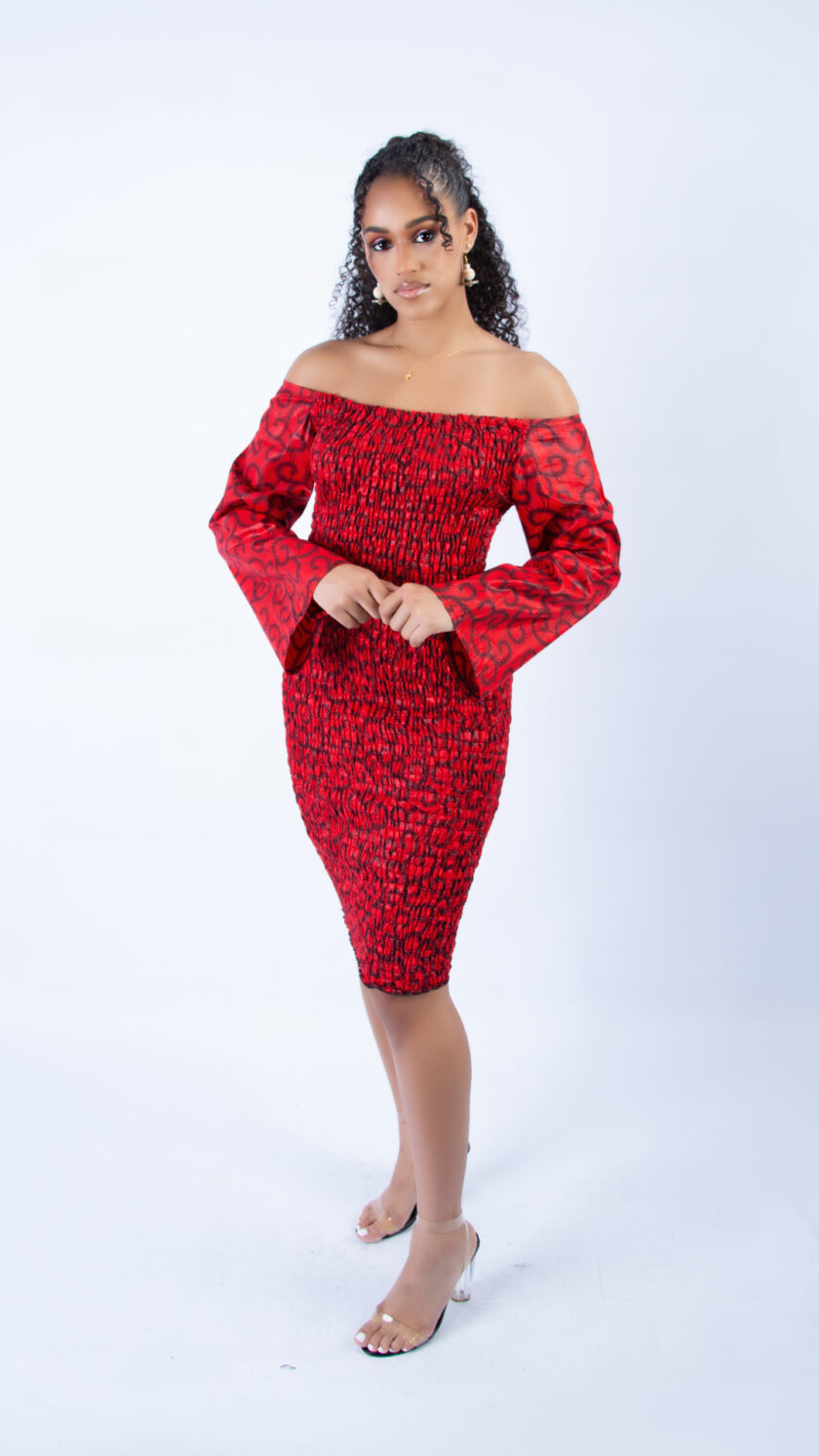 Beautiful Dalmar Red Ankara Wide Sleeve Body-con Dress