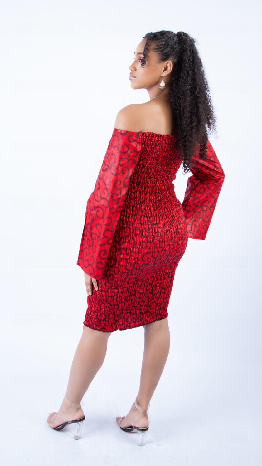 Beautiful Dalmar Red Ankara Wide Sleeve Body-con Dress