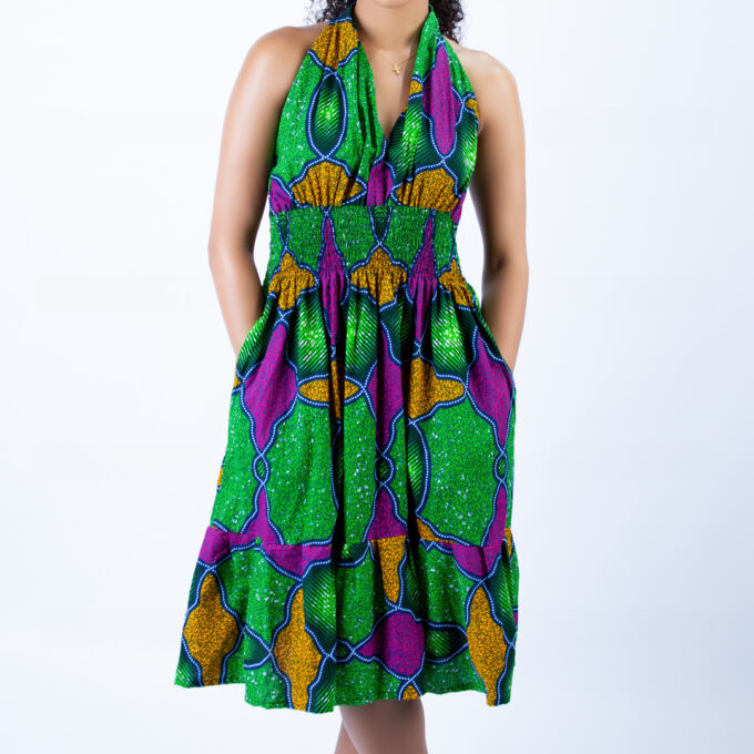 Great Green Multicolour Ankara Halter Neck Swing Dress