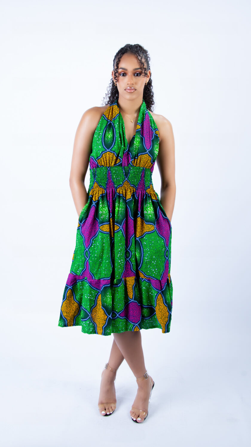 Great Green Multicolour Ankara Halter Neck Swing Dress