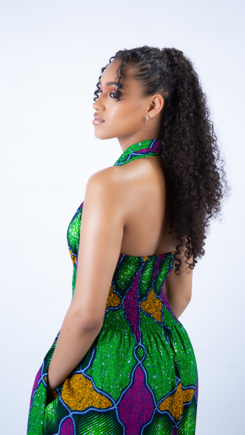 Great Green Multicolour Ankara Halter Neck Swing Dress