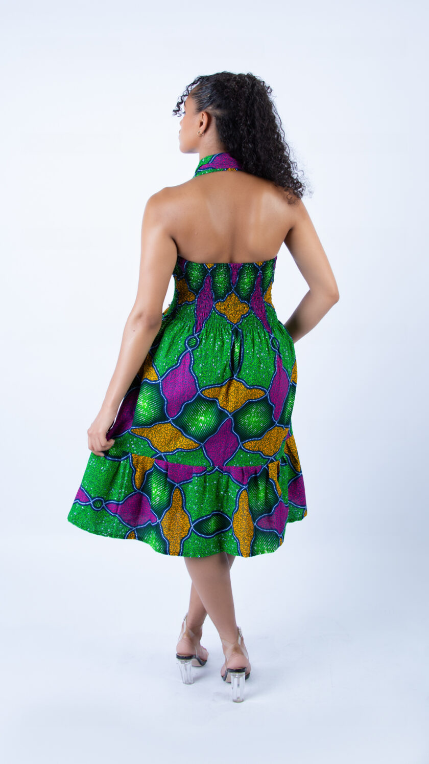 Great Green Multicolour Ankara Halter Neck Swing Dress