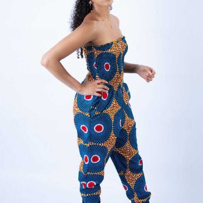 Vibrant Gathered Bandeau Blue Circular Ankara Print Jumpsuit