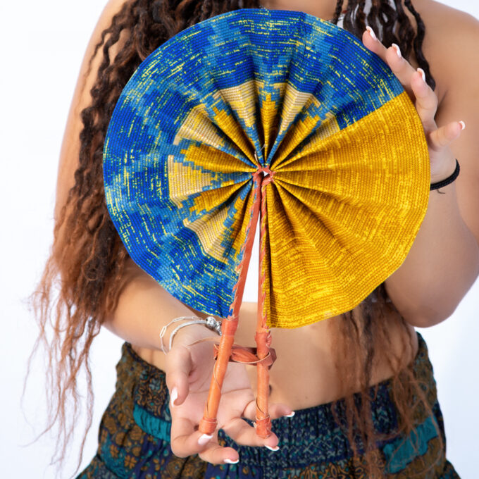 Vibrant Blue and Yellow Ankara Print Round Closable Fan