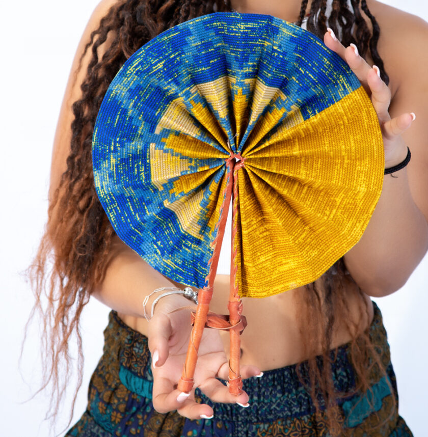 Vibrant Blue and Yellow Ankara Print Round Closable Fan