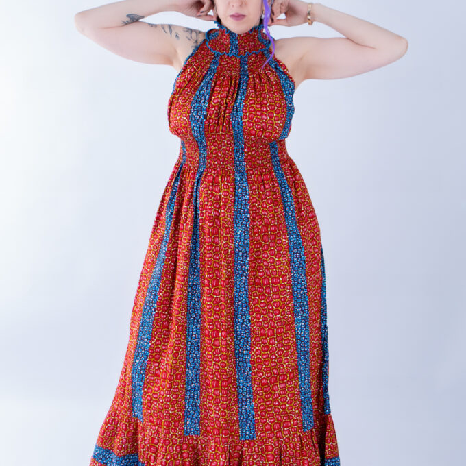 Denise Red and Blue Stripe Ankara Beautiful Halter Maxi