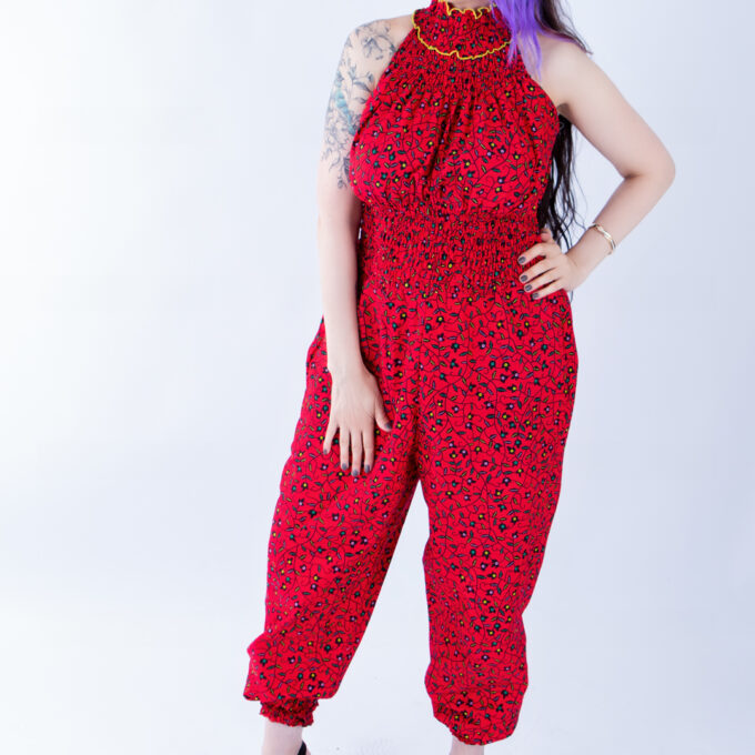 Helen High Neck Red Black Vine Ankara Print Jumpsuit