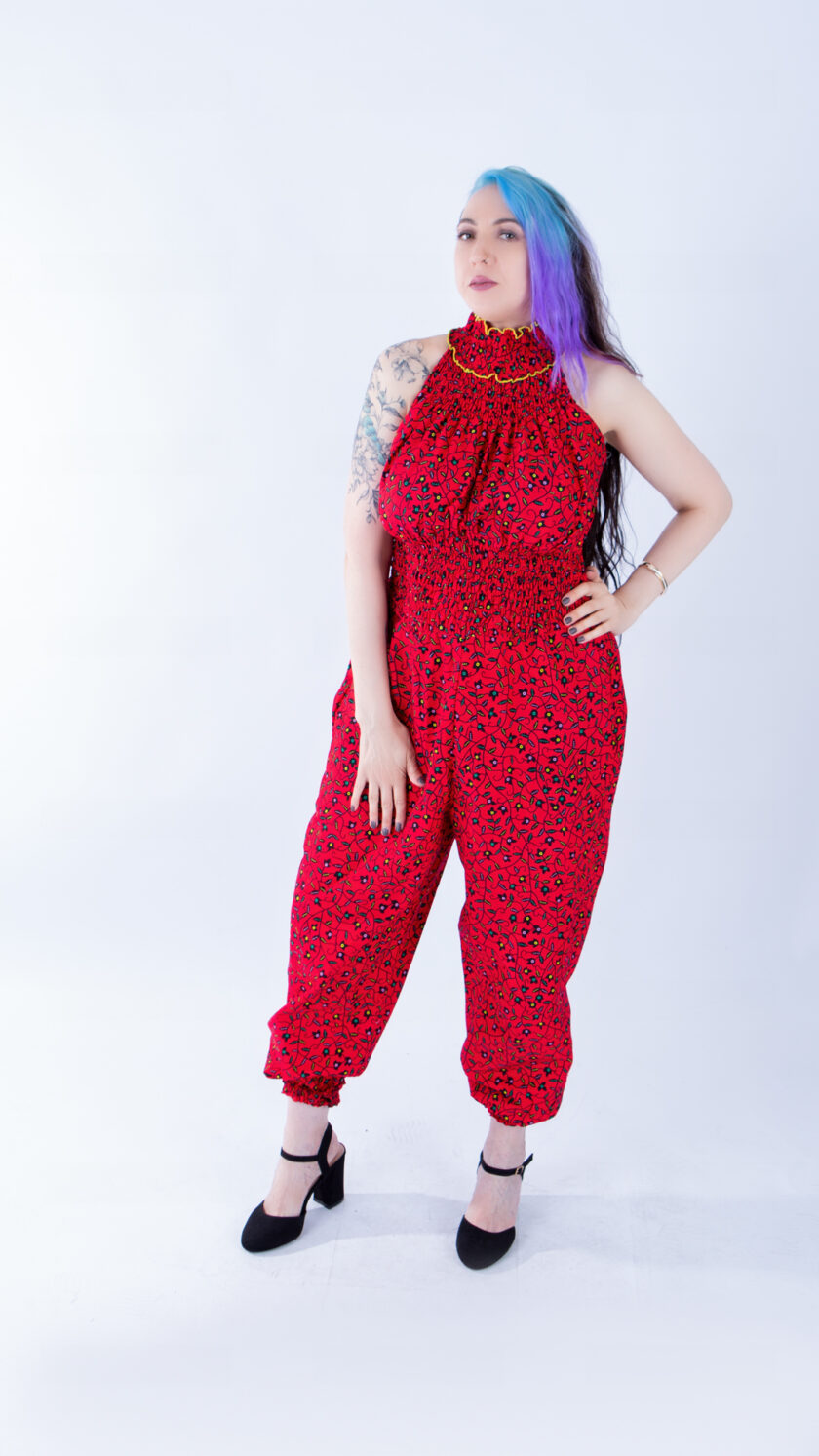 Helen High Neck Red Black Vine Ankara Print Jumpsuit