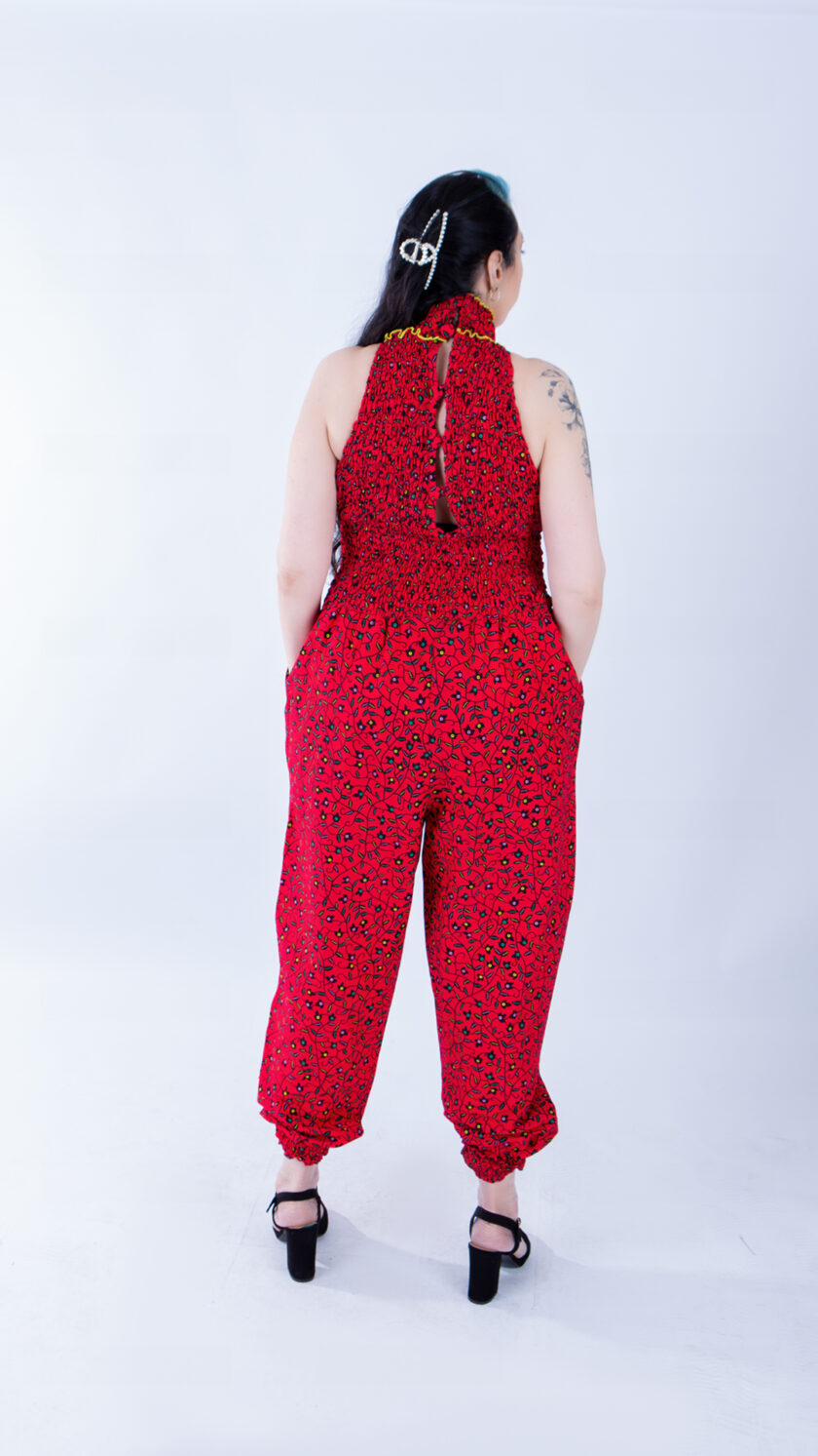 Helen High Neck Red Black Vine Ankara Print Jumpsuit