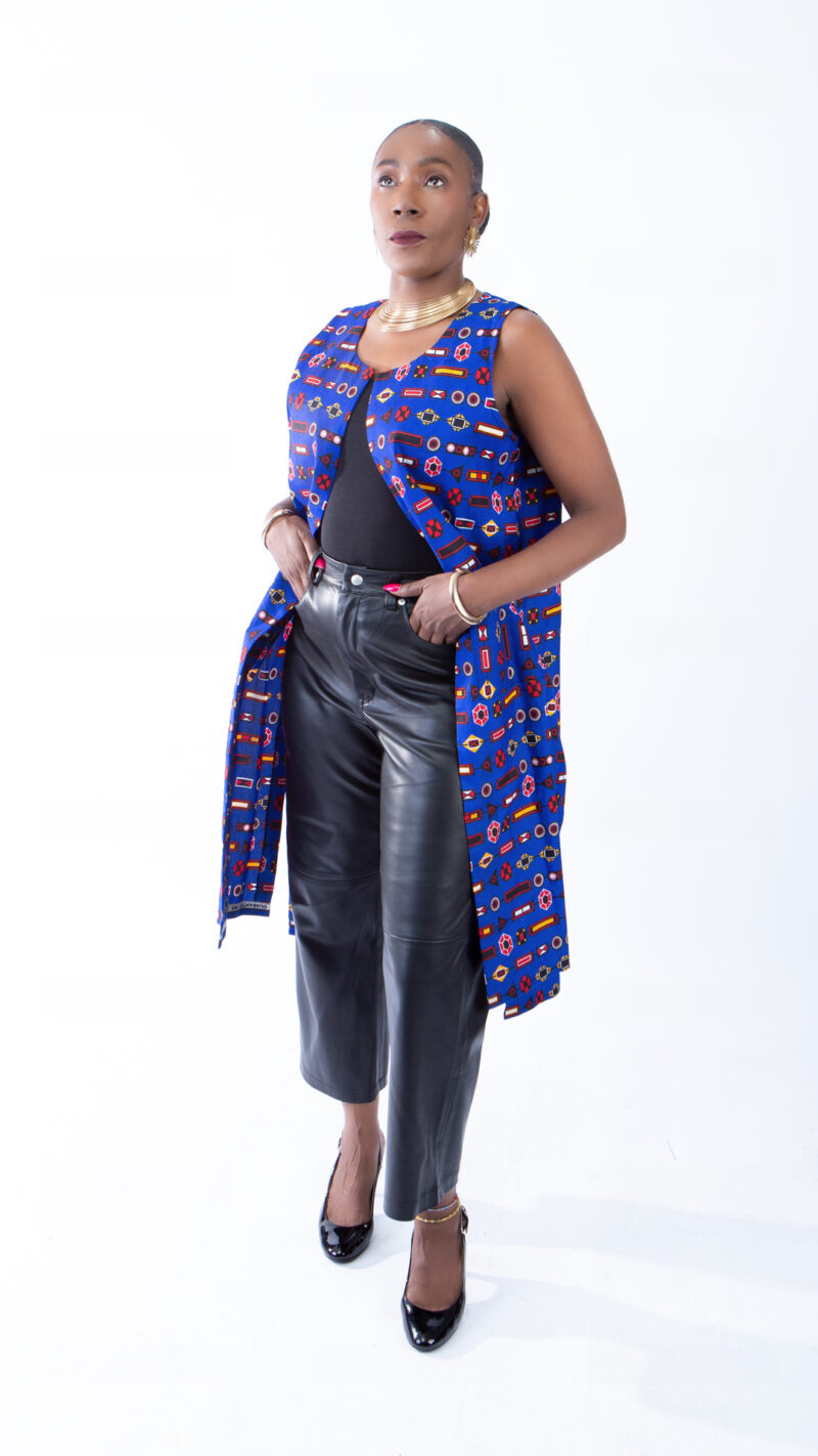 Jaylene Deep Blue Ankara Colourful Open Front Trench Vest