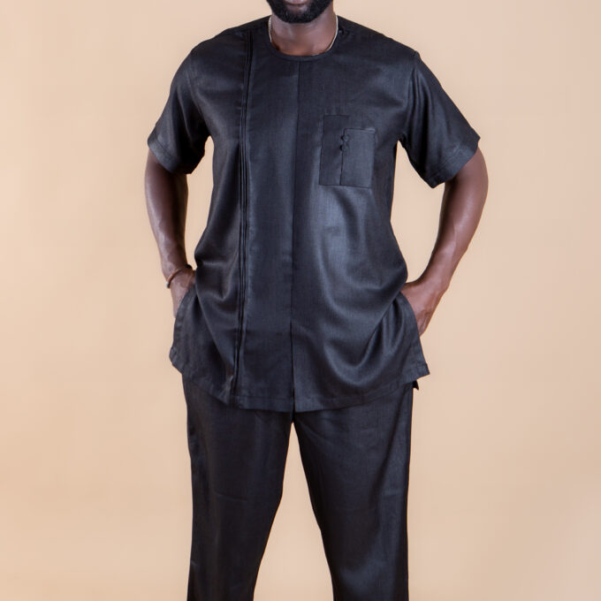 Beautiful Full Black Shiny African Short Sleeve Suit