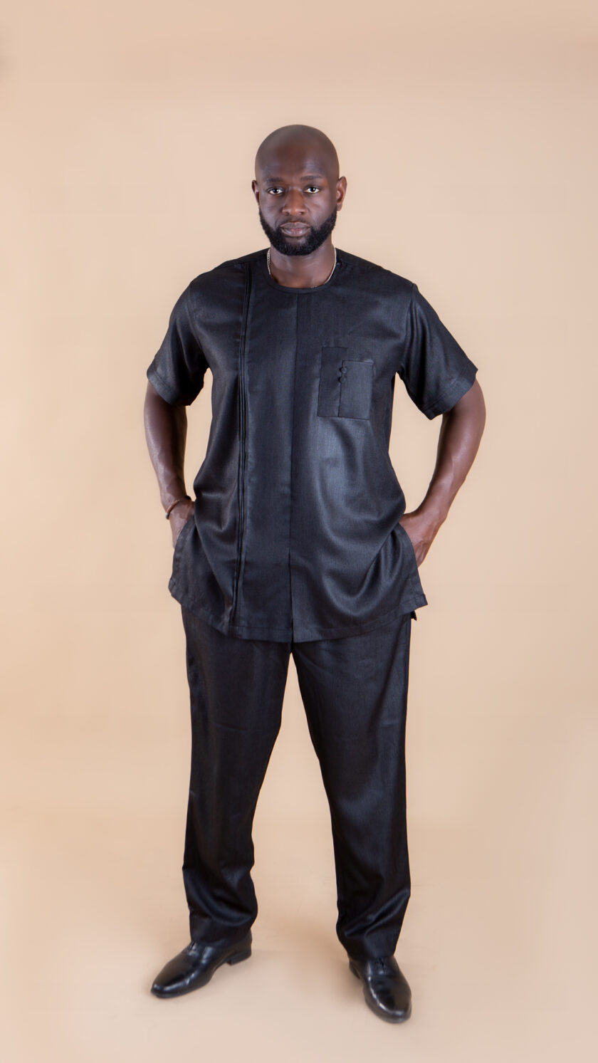 Beautiful Full Black Shiny African Short Sleeve Suit