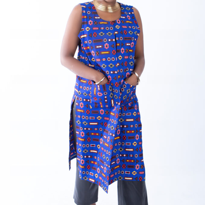 Jaylene Deep Blue Ankara Colourful Open Front Trench Vest