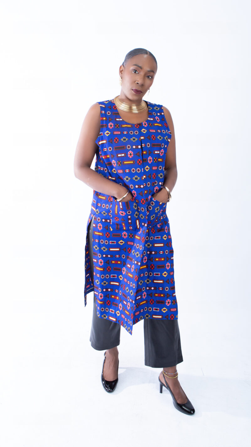 Jaylene Deep Blue Ankara Colourful Open Front Trench Vest