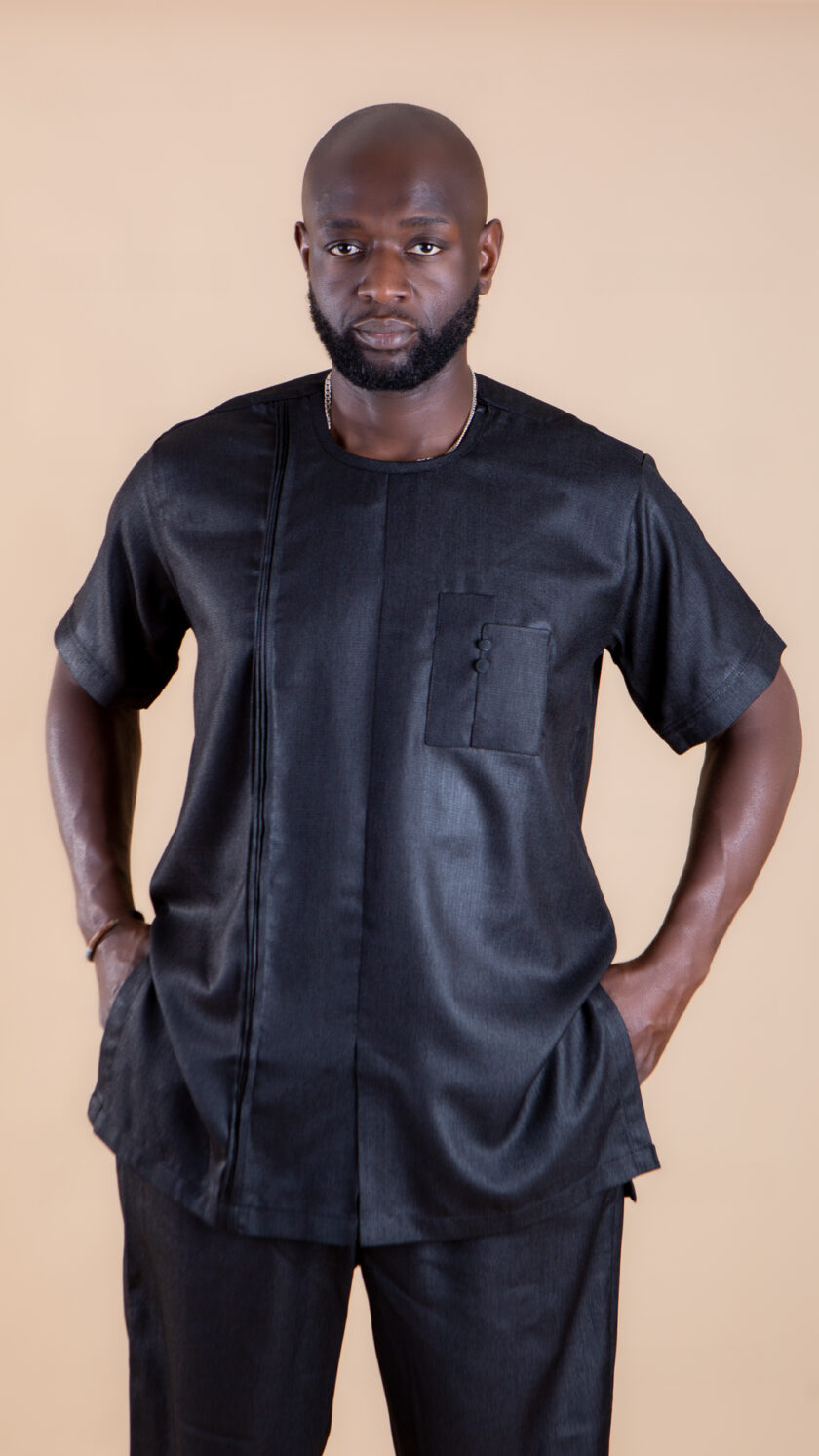 Beautiful Full Black Shiny African Short Sleeve Suit