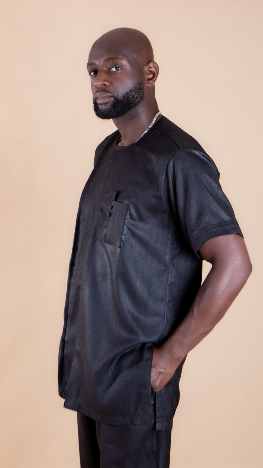 Beautiful Full Black Shiny African Short Sleeve Suit