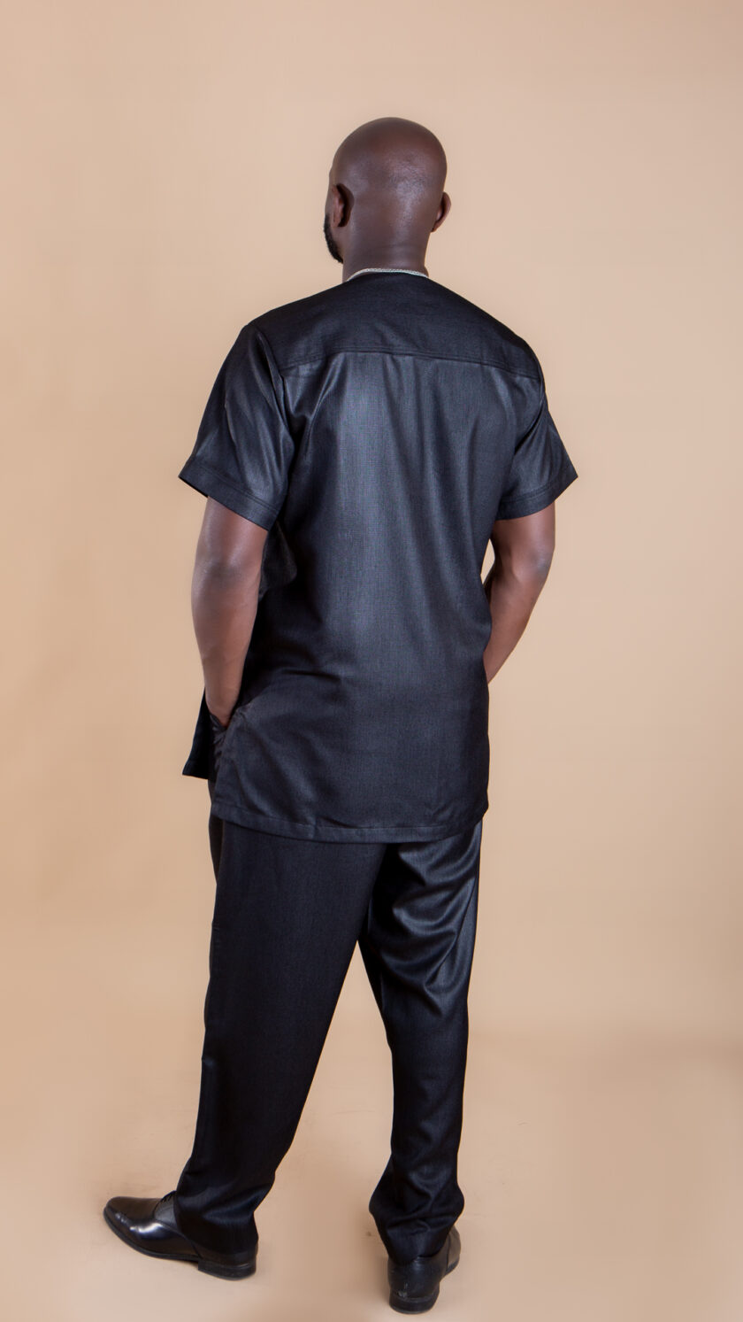 Beautiful Full Black Shiny African Short Sleeve Suit