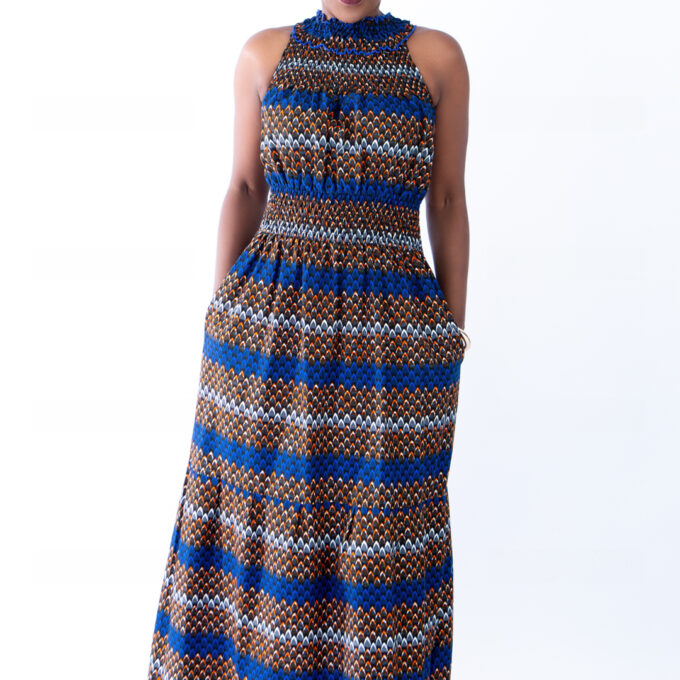 Beautiful Denise Blue and Orange Multi Stripe Halter Maxi