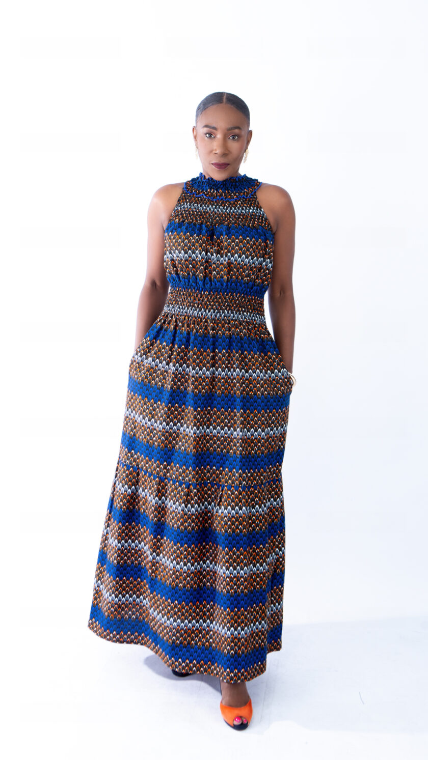 Beautiful Denise Blue and Orange Multi Stripe Halter Maxi