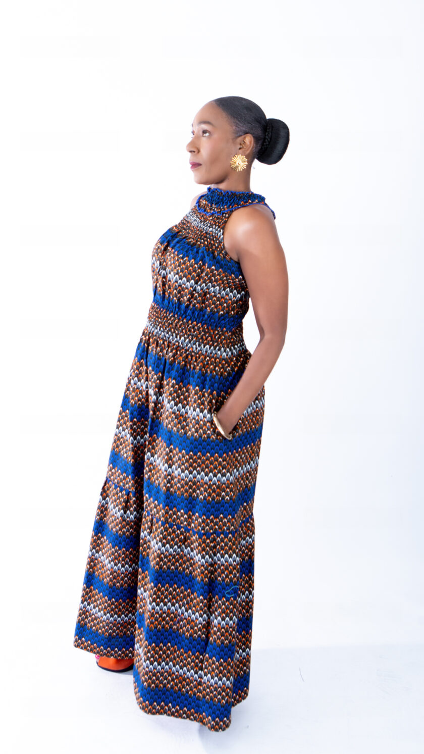 Beautiful Denise Blue and Orange Multi Stripe Halter Maxi