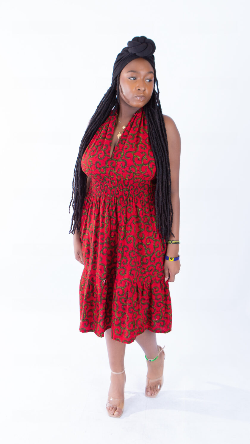 Sweetie Red Vine Ankara Print African Halter Neck Swing Dress