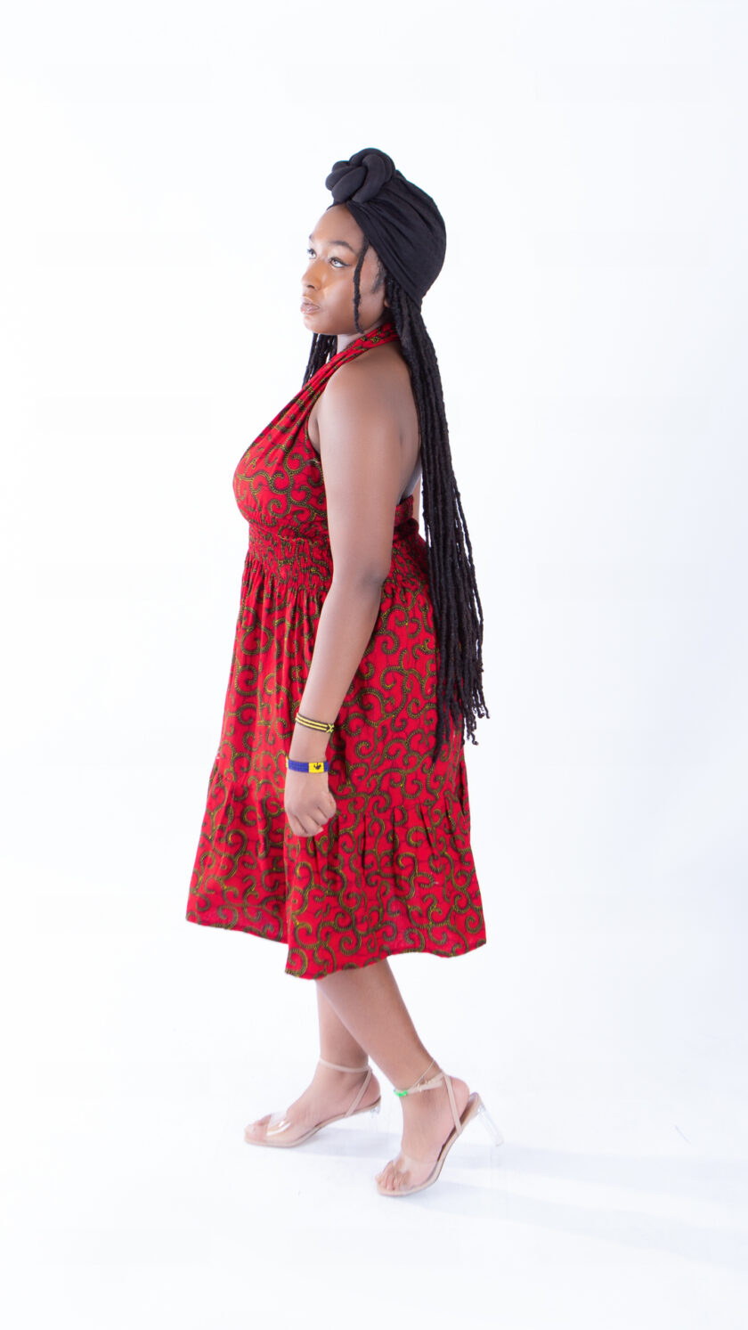 Sweetie Red Vine Ankara Print African Halter Neck Swing Dress