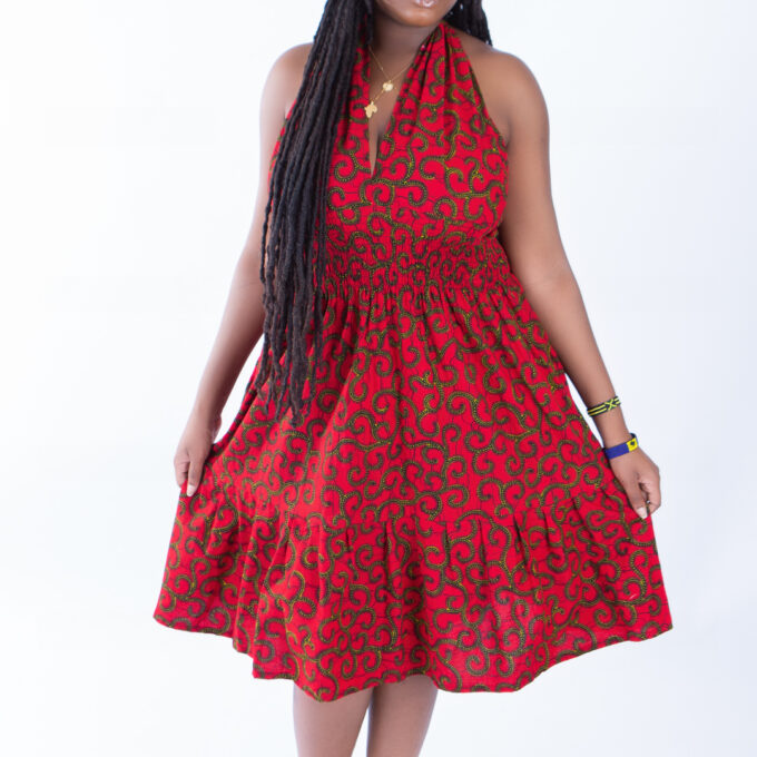 Sweetie Red Vine Ankara Print African Halter Neck Swing Dress