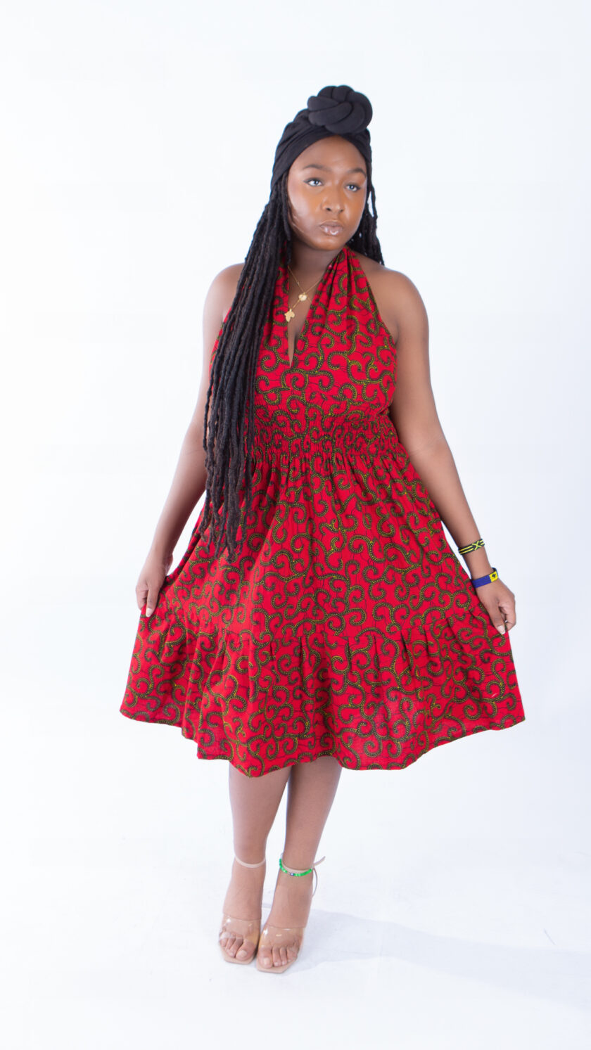 Sweetie Red Vine Ankara Print African Halter Neck Swing Dress