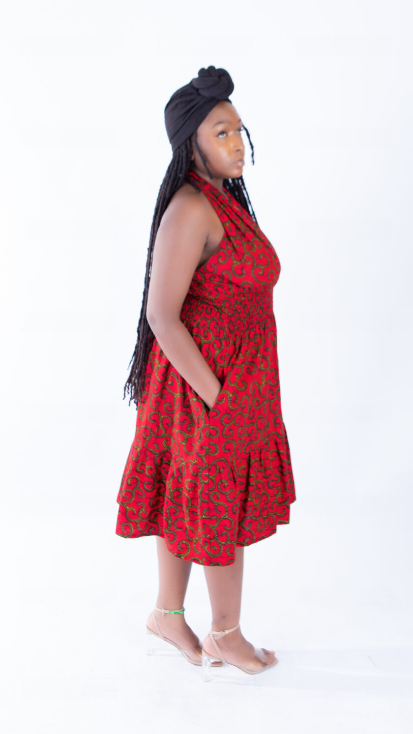 Sweetie Red Vine Ankara Print African Halter Neck Swing Dress