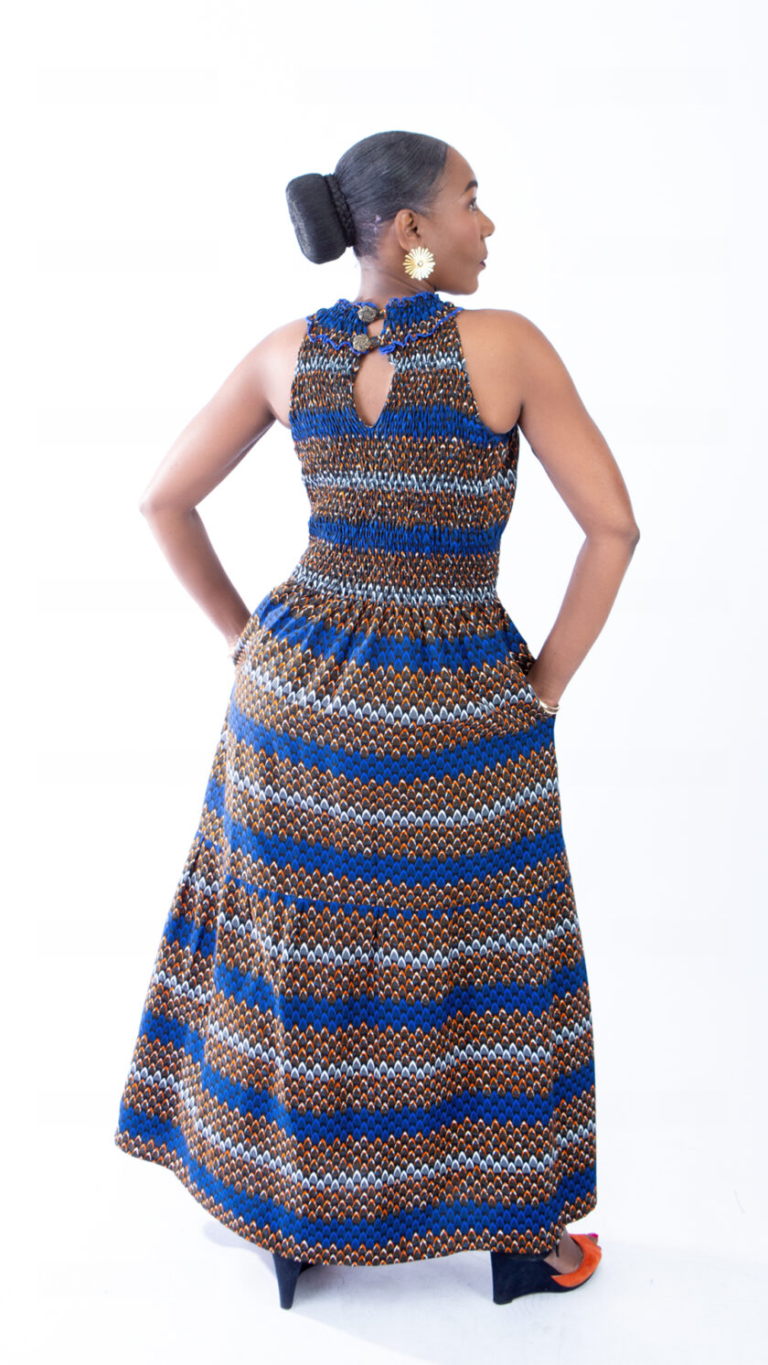 Beautiful Denise Blue and Orange Multi Stripe Halter Maxi