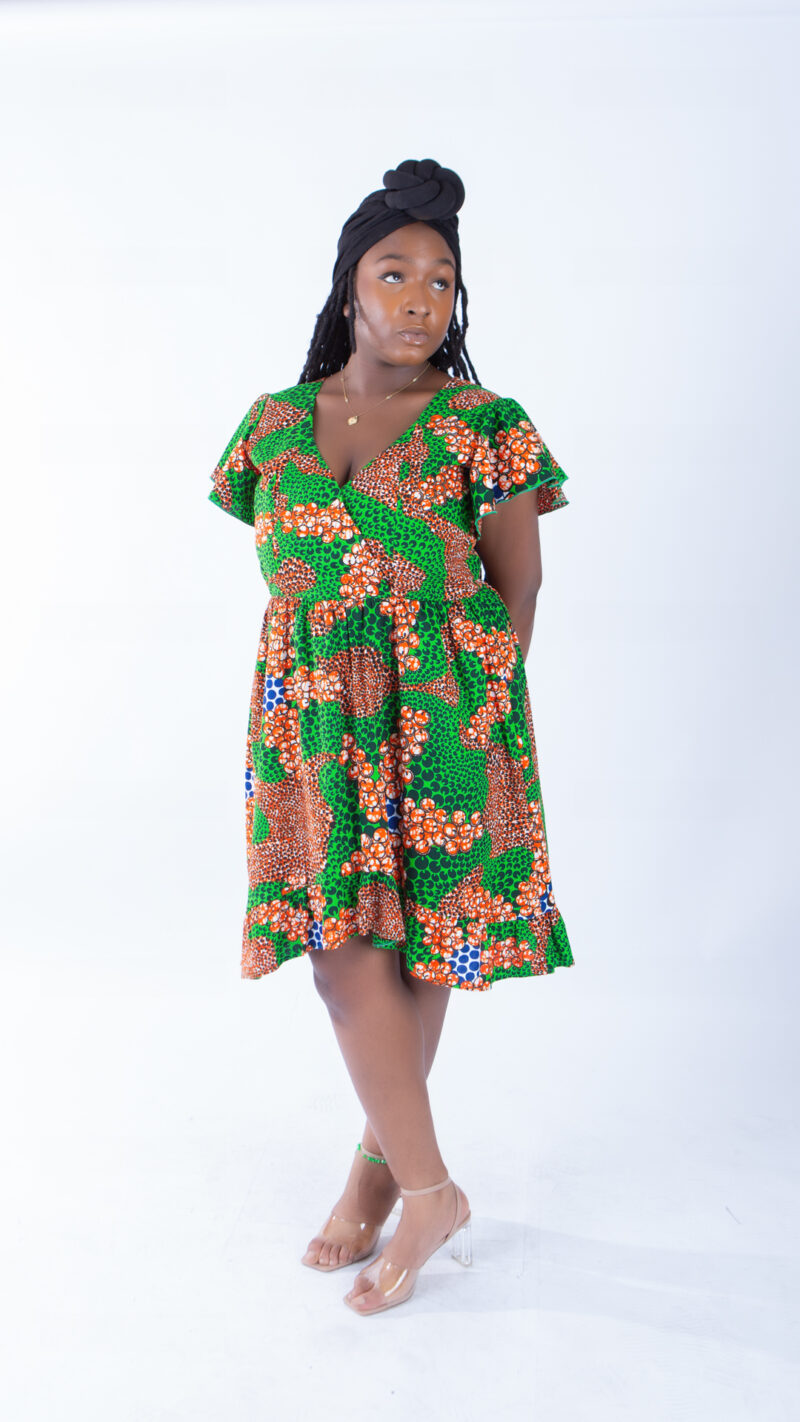 Sally Green V-neck Ankara Short Sleeve Wrap Style Dress