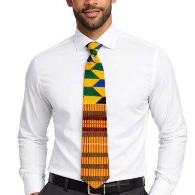 Handcrafted Ash African Kente Tie & Handkerchief Set