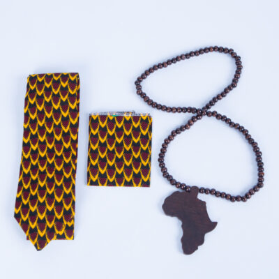 Men's African Ankara Tie and Wooden Beads Gift Set