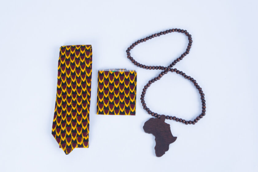 Men's African Ankara Tie and Wooden Beads Gift Set