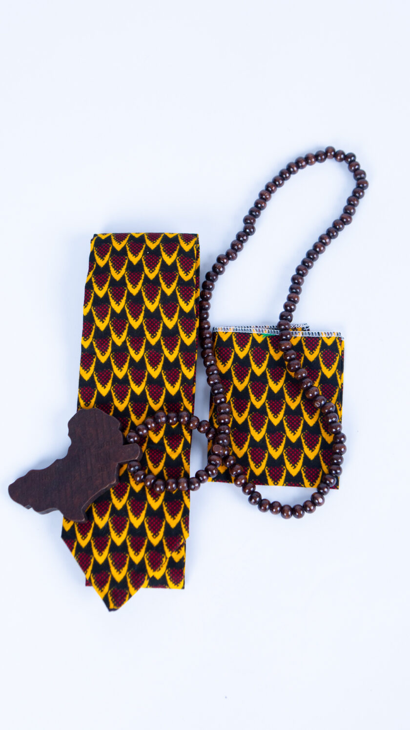 Men's African Ankara Tie and Wooden Beads Gift Set