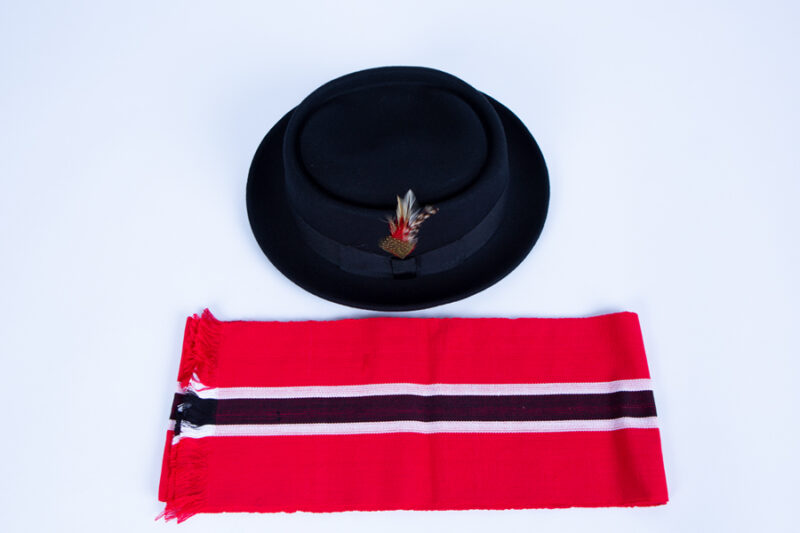 Wool Pork Pie Hat with Feather and Trinidad Muffler