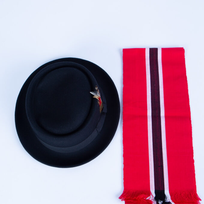 Wool Pork Pie Hat with Feather and Trinidad Muffler