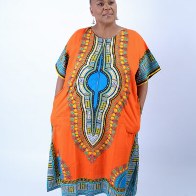 Orange Dashiki Kaftan Zip Front Maxi Dress