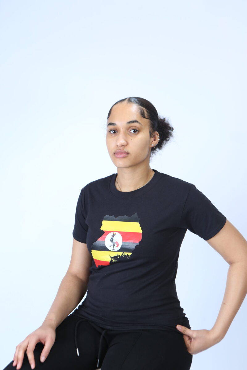 Uganda Country Flag on Crew Neck Black Top